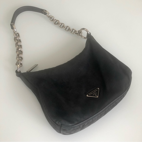 Prada Black Suede Shoulder Purse with Chrome Chain - Picture 2 of 13